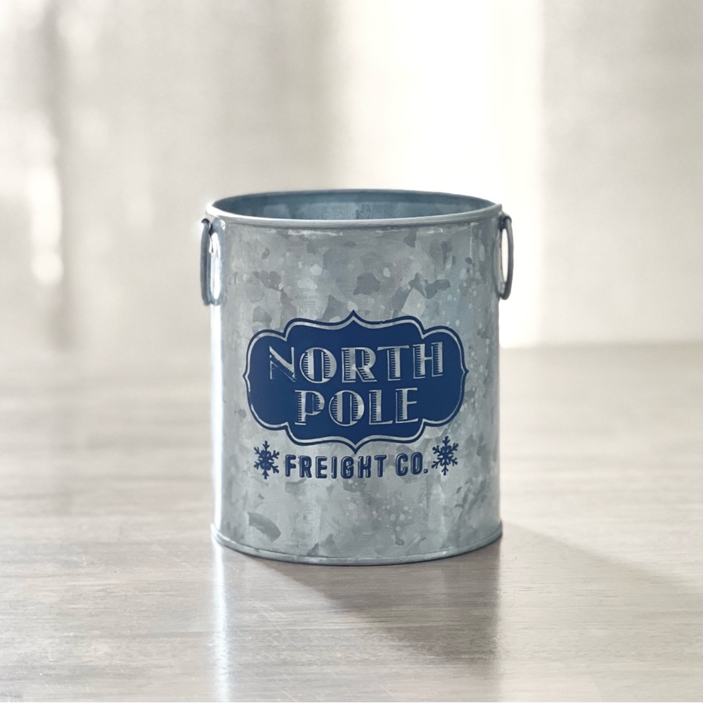 Christmas galvanized metal bucket container North Pole freight co home decor